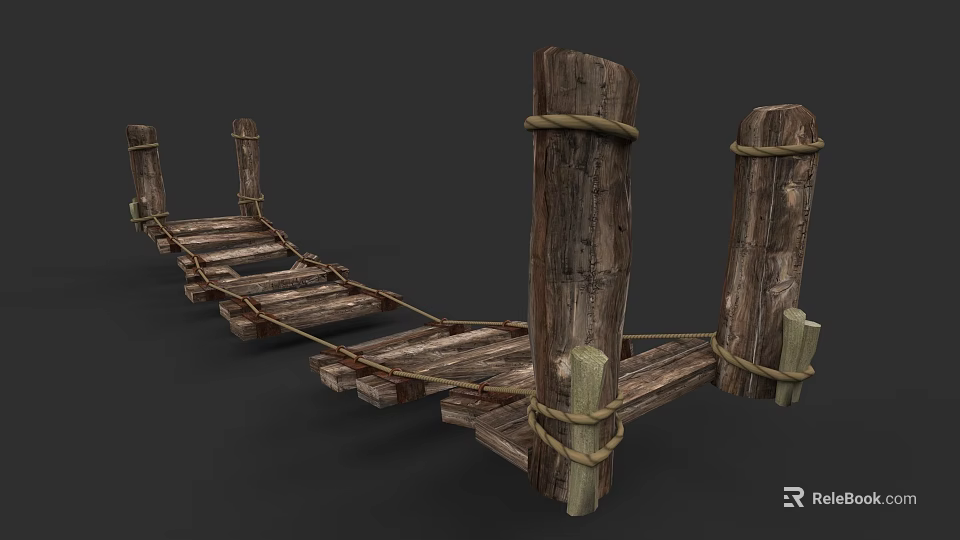 Rustic Wooden Suspension Bridge with Rope Ties and Wooden Posts and Plank Walkway Design 3d model 