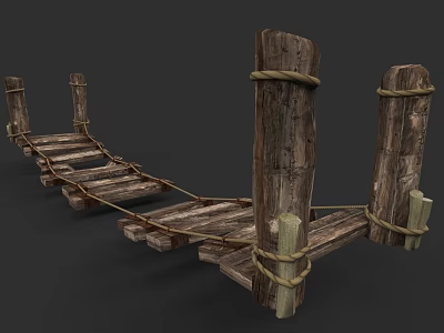 Rustic Wooden Suspension Bridge with Rope Ties and Wooden Posts and Plank Walkway Design 3d model