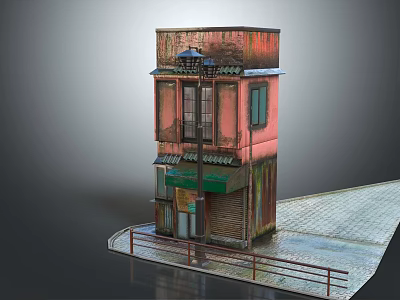Aged Red Building With Green Awning Wooden Structure Multi Floors And Paved Ground 3d model
