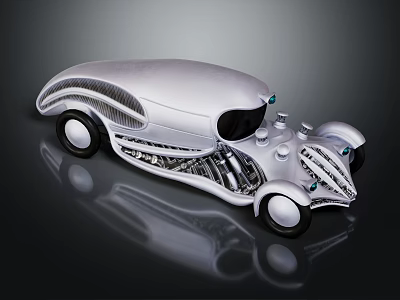 Vintage Silver Car Featuring Streamlined Design Transparent Elements Exposed Internal Structure and White Wheels 3d model