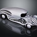 Vintage Silver Car Featuring Streamlined Design Transparent Elements Exposed Internal Structure and White Wheels 3d model