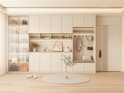 Modern Minimalist Shoe Cabinet with Glass Doors Storage Bags Clothing Rack and Light Color Bench 3d model
