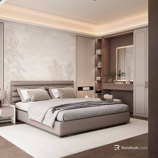 Modern Bedroom Interior Design With Upholstered Headboard Nightstand And Decorative Wall 3d model 