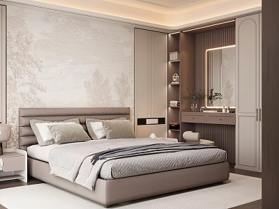 Modern Bedroom Interior Design With Upholstered Headboard Nightstand And Decorative Wall 3d model