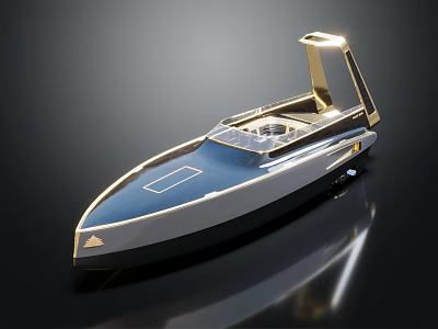 Luxury Modern Yacht Model With Blue Gold Exterior Streamlined Shape And Metallic Finish Shiny Deck 3d model