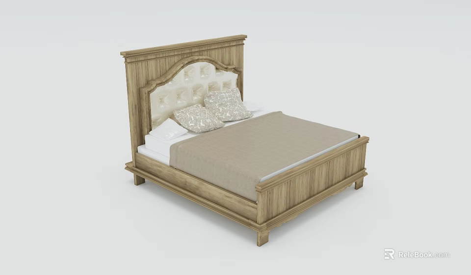 Light Colored Wooden Double Bed With Upholstered Headboard And Two Pillows 3d model 