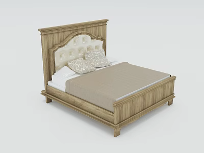 Light Colored Wooden Double Bed With Upholstered Headboard And Two Pillows 3d model