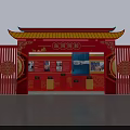 Red Themed Exhibition Booth Interior With Stage Seats And Display Counters 3d model