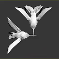 Two White Birds Sculpture With Spread Wings And Long Tail Feathers On Dark Reflective Background