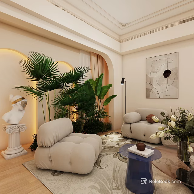 Modern Public Office Space With Open Workstations Green Plants And Bright Lighting 3d model 