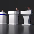 Stage Setup With Three White Podiums And Men In Suits Speaking With Microphones