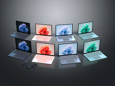Colorful Laptops With Flower Screen Patterns And Multiple Body Colors In Product 3d model