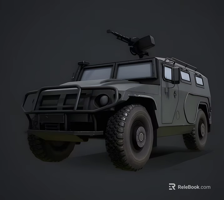 Military Armored Functional Vehicle With Large Tires And Roof Mounted Weapon System 3d model 