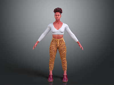 Curly Haired Woman Wearing White Cropped Long Sleeve Top Leopard Pants Red Shoes Grey Background 3d model