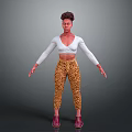 Curly Haired Woman Wearing White Cropped Long Sleeve Top Leopard Pants Red Shoes Grey Background