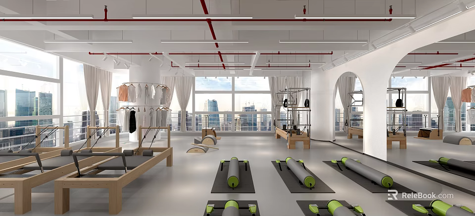 Modern Fitness Studio With Yoga Mats Exercise Balls Wooden Equipment Large Windows And City View 3d model 