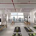 Modern Fitness Studio With Yoga Mats Exercise Balls Wooden Equipment Large Windows And City View