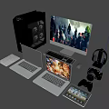Modern Gaming Computer Setup With Desktop Monitor Laptop Tablet Game Controller Headphones