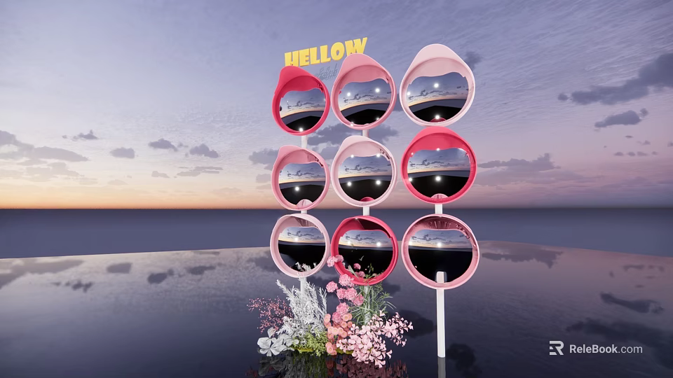Photo Spot With Pink Circular Frames Sunset Sea View Reflections Flower Bouquet And Twilight Sky 3d model 
