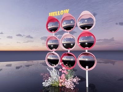 Photo Spot With Pink Circular Frames Sunset Sea View Reflections Flower Bouquet And Twilight Sky 3d model