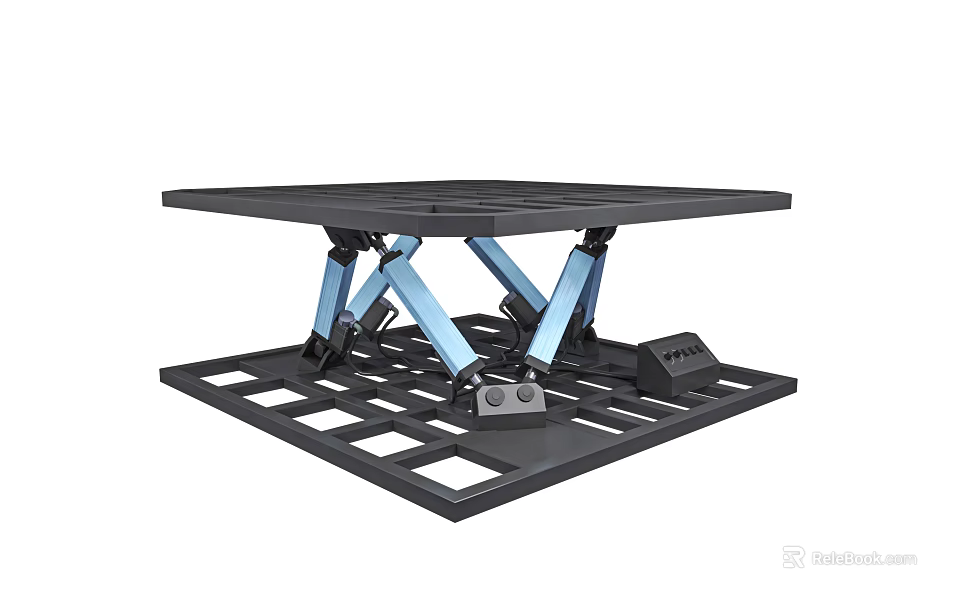 Mechanical Lifting Platform With Square Top Blue Supports And Metal Base 3d model 
