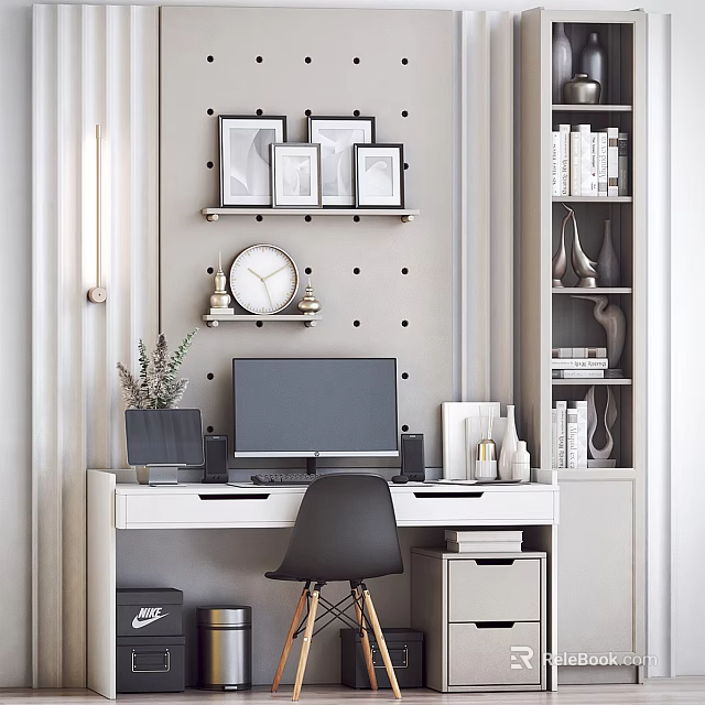 White Desk Black Chair Modern Home Office Workspace With Wall Art Clock And Bookshelf 3d model 