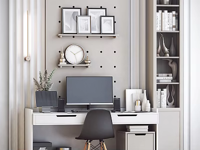 White Desk Black Chair Modern Home Office Workspace With Wall Art Clock And Bookshelf 3d model