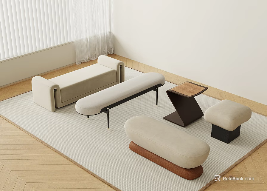 Modern Minimalist Interior Stools Collection With Upholstered Seats And Wooden Bases On Beige Rug 3d model 