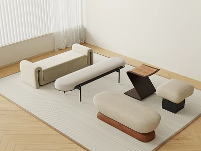Modern Minimalist Interior Stools Collection With Upholstered Seats And Wooden Bases On Beige Rug 3d model