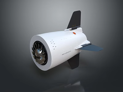 White Rocket Engine Device With Turbine Front Structure Black Tail Fins And Blue Side Wing 3d model