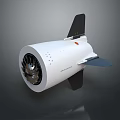 White Rocket Engine Device With Turbine Front Structure Black Tail Fins And Blue Side Wing 3d model
