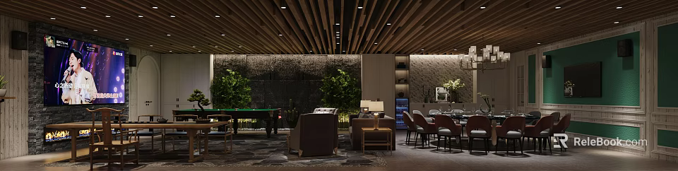 Modern Clubhouse Interior With Wooden Ceiling Green Plants Billiard Table Sofa And Dining Chairs 3d model 