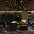 Modern Clubhouse Interior With Wooden Ceiling Green Plants Billiard Table Sofa And Dining Chairs