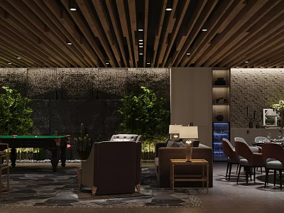 Modern Clubhouse Interior With Wooden Ceiling Green Plants Billiard Table Sofa And Dining Chairs 3d model