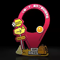 Scenic Photo Check-in Spot with Red Pin Marker Yellow Directional Signs Backpack and Smile Icon