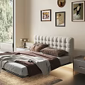 Double Bed With White Tufted Headboard Brown Beige Pillows Throw Blanket Nightstand Lamp Large Window Modern Bedroom