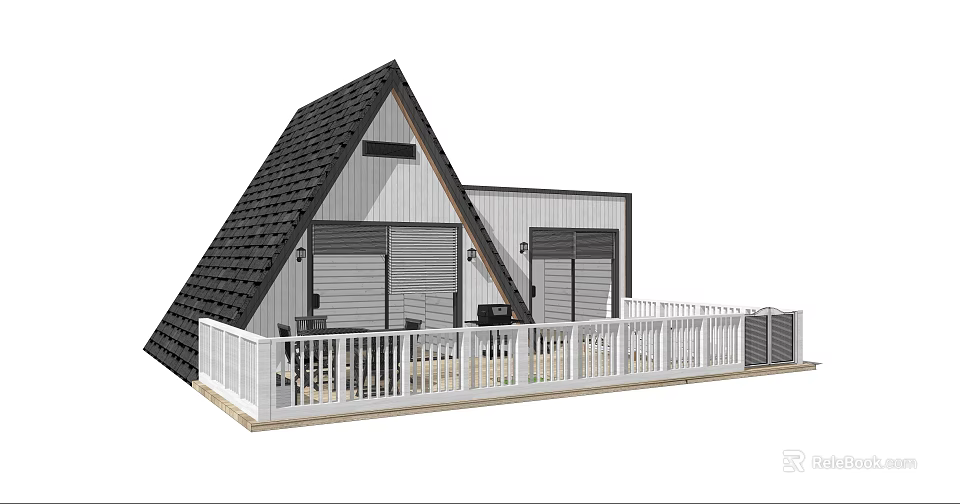 Modern Triangular Roof Holiday Home With Black Tiles White Walls And Balcony Railings 3d model 