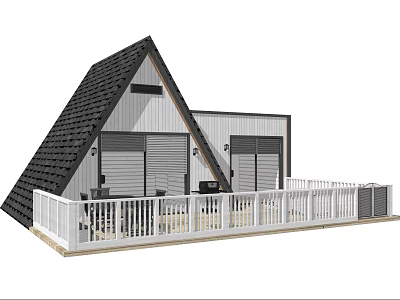 Modern Triangular Roof Holiday Home With Black Tiles White Walls And Balcony Railings 3d model