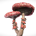 Mushroom Shaped Decorative Ornament Set With Two Red White Spotted Caps Tree Trunk And Roots