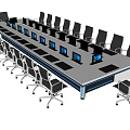 Modern Long Conference Table With Multiple Computer Monitors And Black Office Chairs 3d model