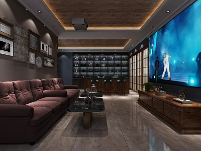 KTV Lounge With Brown Sofas Large Screen TV Wine Cabinet And Wooden Ceiling 3d model