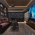 KTV Lounge With Brown Sofas Large Screen TV Wine Cabinet And Wooden Ceiling