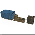 Blue Tarp Covered Cargo On Pallet With Wooden Crates And Stacked Boxes