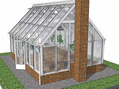 Brick And Glass Greenhouse With Dining Table Chairs And Green Plants 3d model