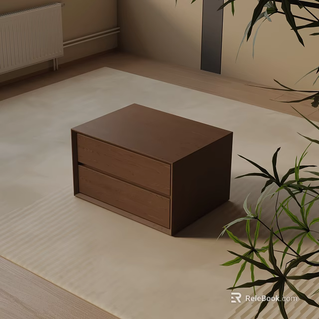 Modern Brown Bedside Table With Two Drawers In Cozy Interior With Rug And Green Plants 3d model 