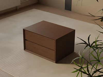 Modern Brown Bedside Table With Two Drawers In Cozy Interior With Rug And Green Plants 3d model