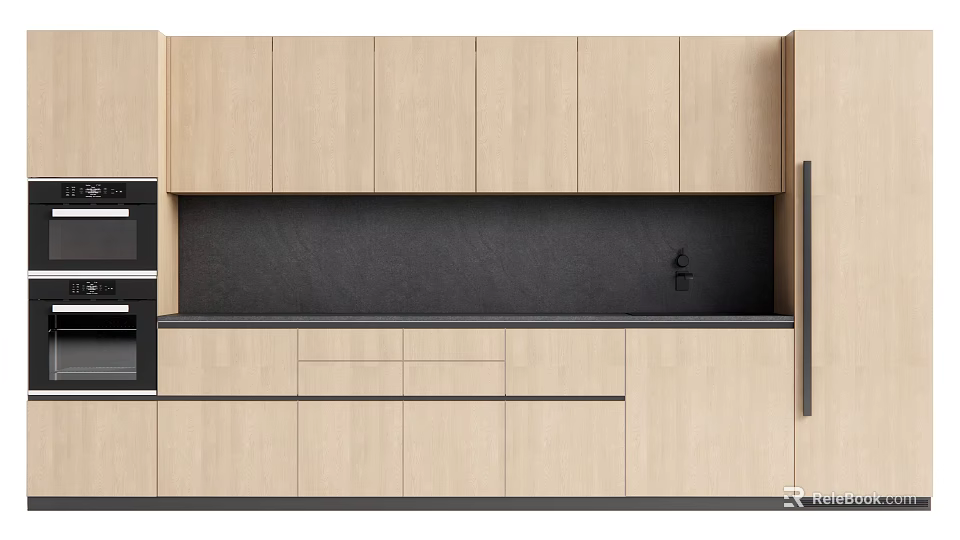 Modern Kitchen With Light Wood Cabinets Black Countertop And Backsplash And Built in Appliances 3d model 