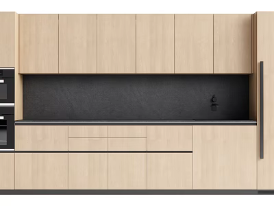 Modern Kitchen With Light Wood Cabinets Black Countertop And Backsplash And Built in Appliances 3d model