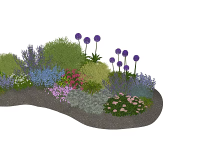 Colorful Garden Flower Bed With Purple Blue Pink White Flowers And Green Shrubs 3d model