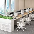 Modern Office Desks In Open Workspace With White Chairs Green Plants And City View
